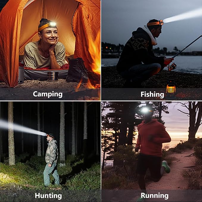 Headlamp Rechargeable, Lightweight LED Head Lamp, Motion Sensor Head Flashlight, Super Bright Waterproof Head Light for Camping, Running, Hiking, Hunting, Fishing, Reading, Working