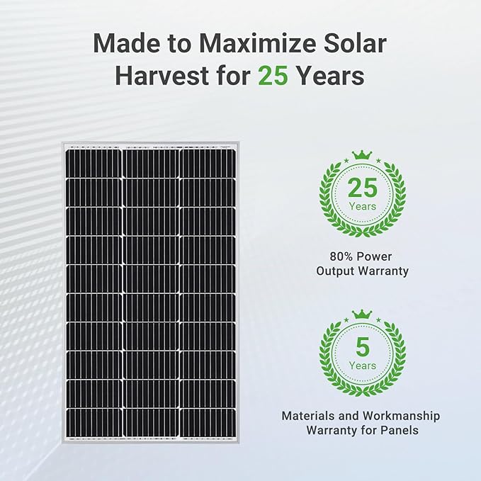 Traver Force 100W 12V 10BB Monocrystalline Solar Panel, Up to 25% High Efficiency Module with Grade A+ Cells, Waterproof for RVs, Motorhomes, Cabins, Marine, Boat