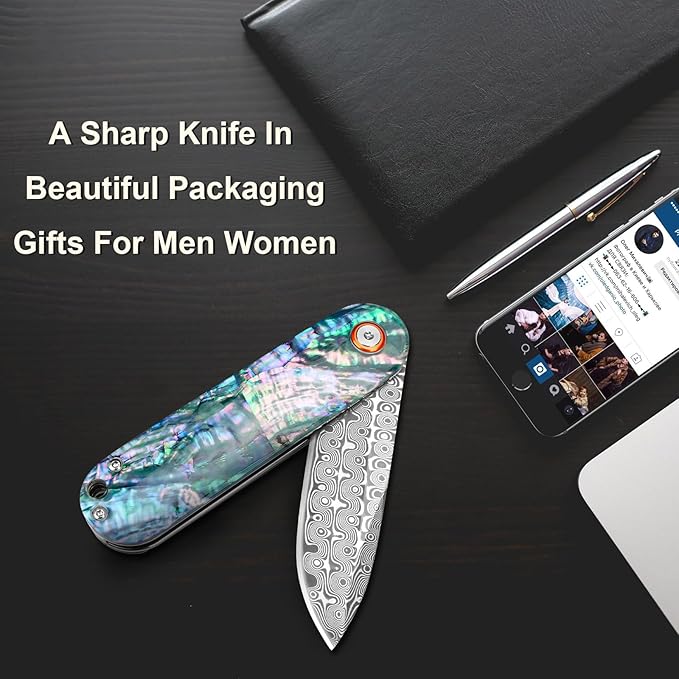 Damascus Pocket Knife with Sheath 2.95" Damascus Steel Blade Folding Knife with Abalone Shell Handle EDC Pocket Knives for Men Women Outdoor Indoor Camping