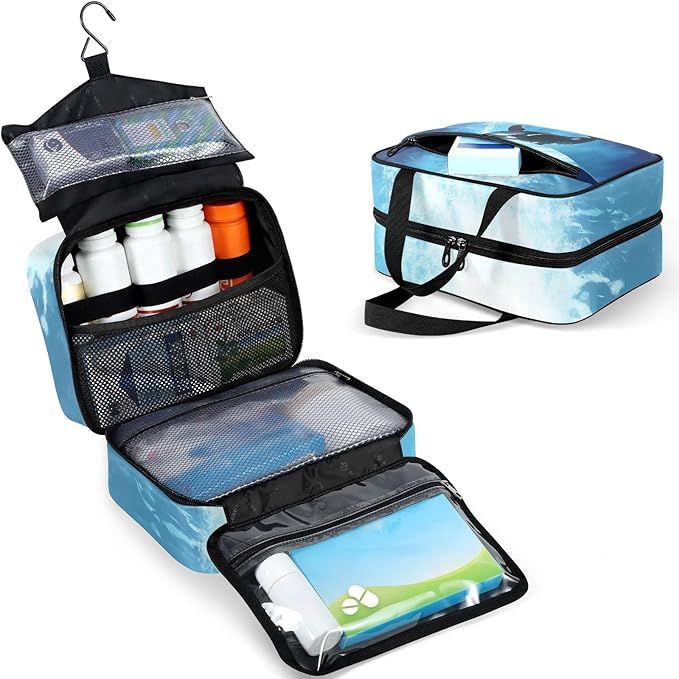 Fustylead Cute Whales Playing Underwater Pill Organizer Bag Large Medicine Travel Carrying Case with Zipper for Vitamin Supplements Fish Oil, Empty First Aid Kit for Hiking Camping