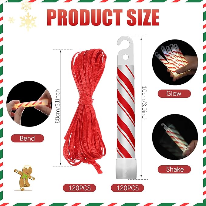 Wettarn 120 Pcs 4" Christmas Glow Sticks Light up Sticks Bright Candy Cane Light Stick Bulk Christmas Party Favors Adults Camping Hiking Activities Blackout Storm Emergency