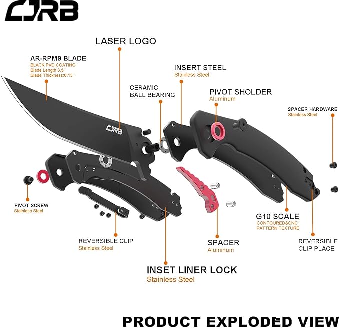 CJRB Tactical Knife, Small Folding Pocket Knife with AR-RPM9 Steel Blade and G10 Handle for Men Outdoor, Survival, Hunting, Camping Gobi(J1906B) Black