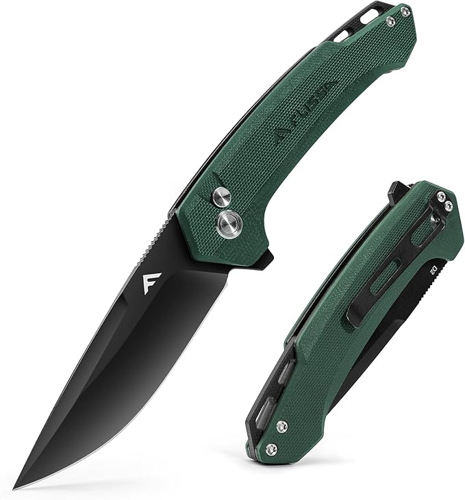 FLISSA Pocket Folding Knife, 3.2??D2 Blade G10 Handle EDC Knife with Button Lock and Pocket Clip for Hunting, Camping, Survival, Outdoor Activities(Green)
