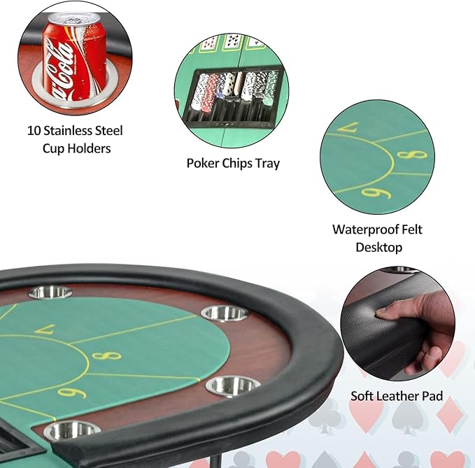 Premium 84" Poker Table Foldable with Chips Tray, 10 Player Oval Folding Portable Texas Holdem Table with Cushioned Rail & Stainless Steel Cup Holders, Green Felt Surface