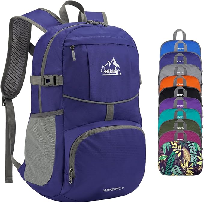 WATERFLY Hiking Foldable Daypack Backpack: 25L Ultra Lightweight Waterproof Day Pack for Woman Man - Small Compact Packable Folding Back Pack for Outdoor Sport Cycling Biking Travel Trip - Dark blue