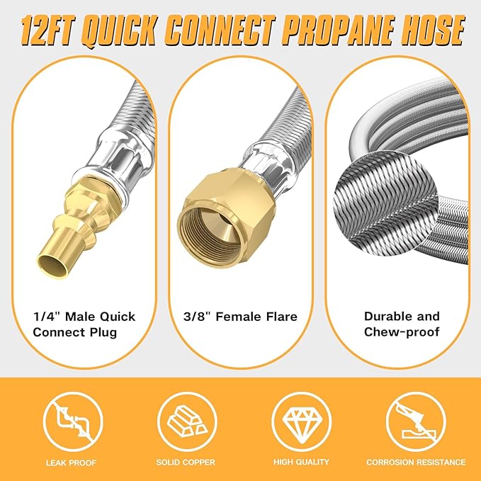 12FT RV Quick Connect Propane Hose, Propane Quick Connect Hose for RV to Gas Grill, Compatible with 1 LB Portable Appliance, rv gas line quick connect for Blackstone Griddle, Weber Q, Coleman, heaters
