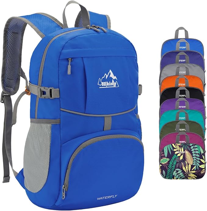 WATERFLY Hiking Foldable Daypack Backpack: 25L Ultra Lightweight Waterproof Day Pack for Woman Man - Small Compact Packable Folding Back Pack for Outdoor Sport Cycling Biking Travel Trip - Blue