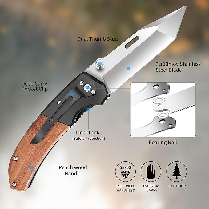 Vickay Pocket Knife, Folding Knife with Clip - 3.54??Tanto Blade, Wood Handle EDC Knife for Men & Women, Outdoor Camping, Tactical, Hiking, Survival - Father?™s Day Gift (Satin Silver)