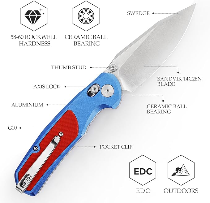 Axis Knivesï¼?.34??Folding Knife for Men, EDC Pocket Knife with Clipï¼?4C28N Steel Blade, Thumb Stud ，Aluminium & G10 Handle. Hiking Camping Tool，Hornet-08L