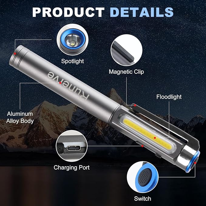 Rechargeable LED Pen Light with Magnetic Clip - Dimmable Inspection Pocket Flashlight, USB-C Charging, Spotlight & Floodlight Modes, Compact Aluminum for Mechanics Hiking Emergency