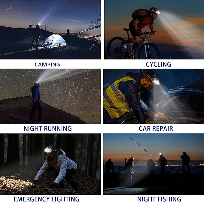 Rechargeable Headlamp, 8 LED 18000 Lumen Super Bright Waterproof Headlight with Red Lights, 8 Light Modes Head Lamp for Emergency Light Outdoors Fishing Hiking Camping Running (1, Black)