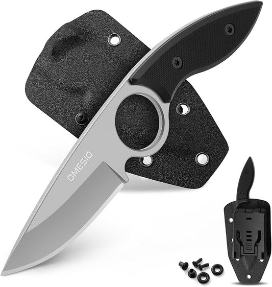 Omesio Small Fixed Blade Knife, Tactical Hunting Camping Survival Knife with Kydex Sheath, Full Tang Stainless Steel 2.68-Inch Drop Point Blade G10 Handle, EDC Neck Knife, White