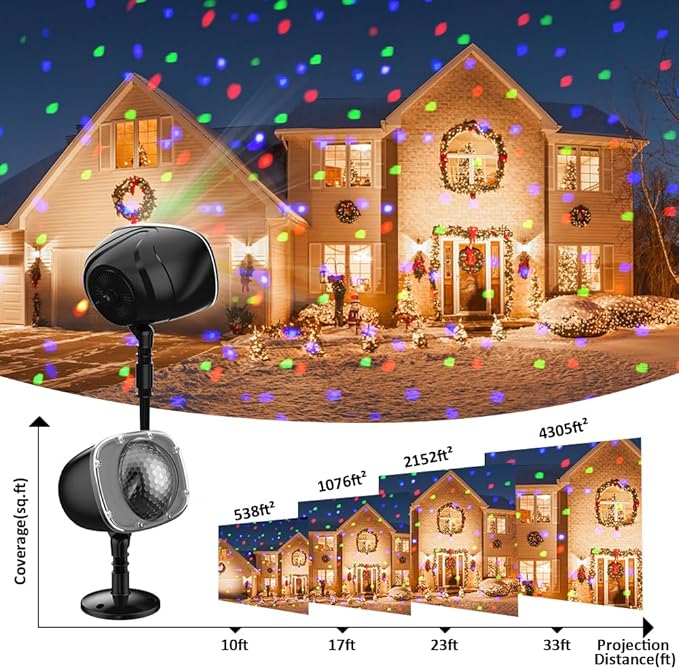 Elec3 Christmas Snow Projector Lights Outdoor, RGBW Snowfall Projector Lamp Rotating Falling Snow Projector with Remote Control Landscape Multicolor Lights for House Yard Garden Halloween Xmas Decor