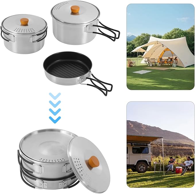 Portable Camping Cookware Set, 304 Stainless Steel Outdoor Camping Cooking Pots and Pans with Storage Bag, Outdoors Campfire Cook Cookware Equipment for Outdoor Camping Hiking Picnic for 2-3