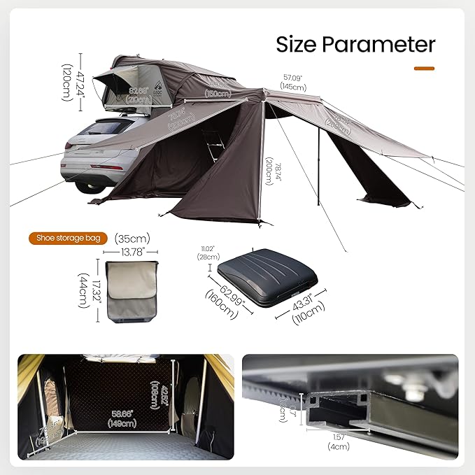 Rooftop Tent Hard Shell – Waterproof Car Tents with Modular Annex Room, Skylight & Rear Awning, Easy Up Roof with Ladder, 2–3 Person Tents for Overlanding & Car Camping