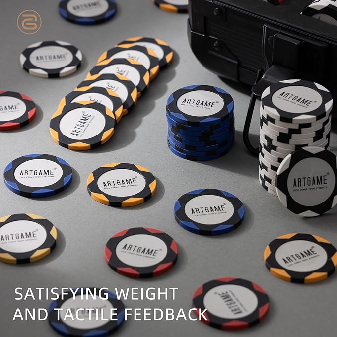 ARTGAME 14 Gram Clay Poker Chip Set for Texas Hold’em, 300Pcs Casino Style Chips, with K-Type Aluminum Case and Dealer Buttons.