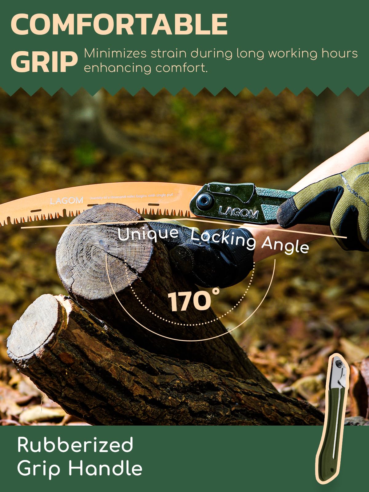 LAGOM Folding Camp Saw for Cutting Branches, 11.4" Curved Blade | SK5 Steel, Ergonomic Handle
