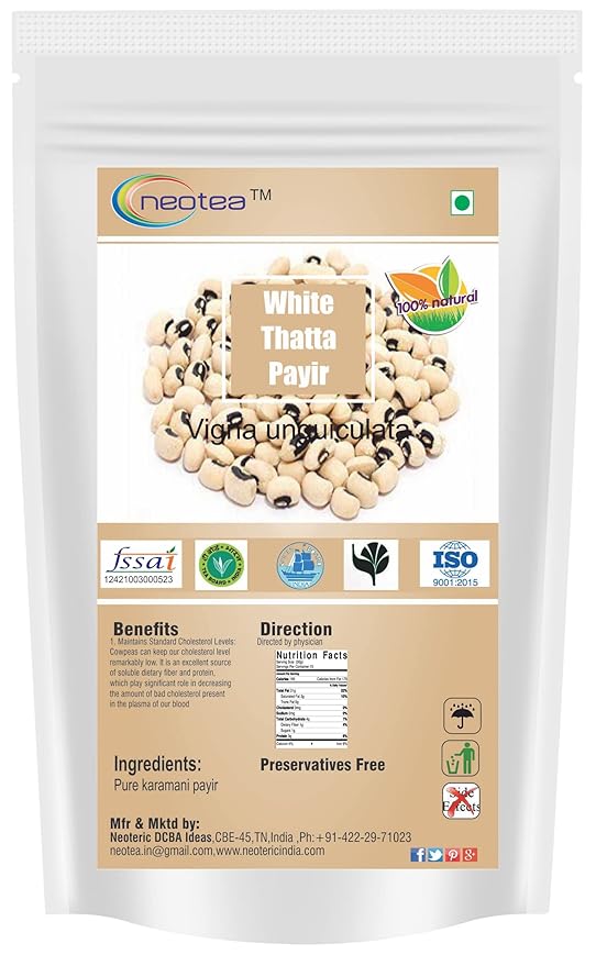 Neotea White Thatta Payir/Karamani Payir/Cow Peas, 250 GM | White Cowpeas | White Black-Eyed Peas | All Natural | Vegan | Kosher | Gluten Friendly | 8.81 OZ