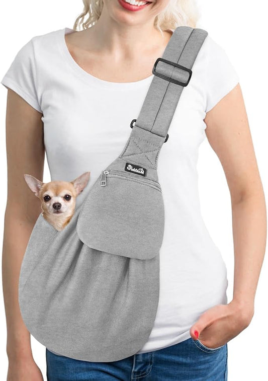 SlowTon Dog Carrier Sling - Thick Padded Shoulder Strap Adjustable Dog Carriers for Small Dogs, Puppy Carrier Purse for Pet Cat with Front Zipper Pocket Safety Belt Machine Washable (Grey, S)