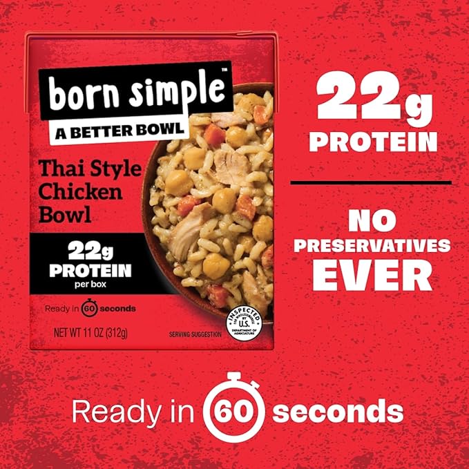 Born Simple Ready to Eat Meals with Sporks, Thai Style Chicken Bowl, Improved Recipe - 22g Protein, Prepared Meal, Microwavable Entree, 11 oz (Pack of 6)