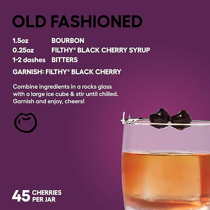 Filthy Cocktail Amarena Black Cherries, Premium Cocktail Garnish, All Natural Wild Italian Amarena Black Cherry, Non-GMO, Gluten Free, Vegan, Slow-Cooked, 11 Oz Jar, 45 Cherries