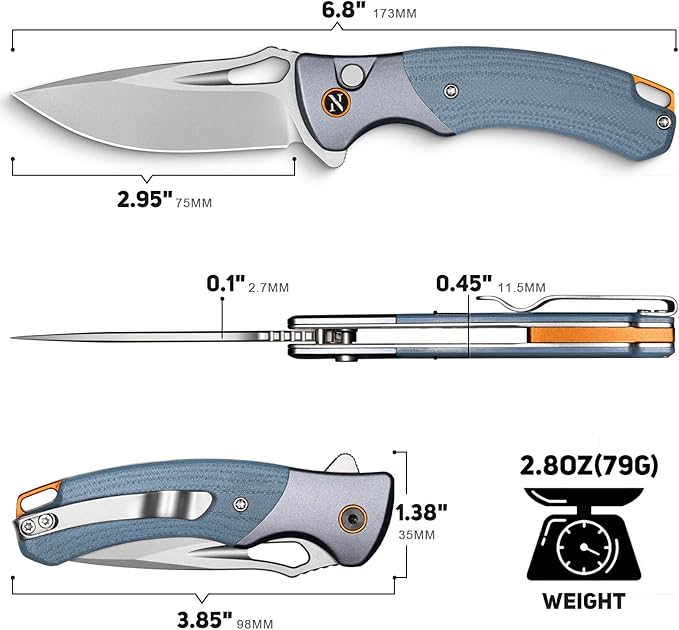 NedFoss Heron EDC Pocket Knife, 2.95" Japanese VG10 Steel Blade Button Lock Knife with Lightweight Blue G10 Handle w/Aluminum Bolster, Utility Folding Knife for Camping, Hunting, Survival Use