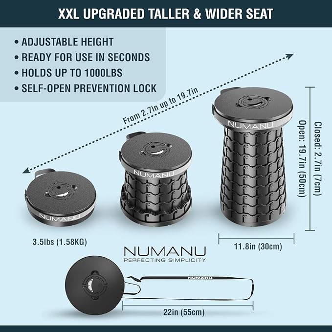 NUMANU 2025 Upgraded 19.7" XXL Collapsible Stool, 1000lbs Max Weight, Wider & Taller Pop Up Seat, Heavy Duty Portable Retractable Folding Chair or Travel Foot Rest, Gift for Camping & Outdoors