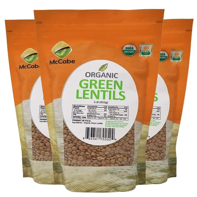 McCabe Organic Green Lentils - Green Lentils Organic | Rich with Fiber & Minerals | USDA and CCOF Certified | Product of USA | 1Lbs (Pack of 3)