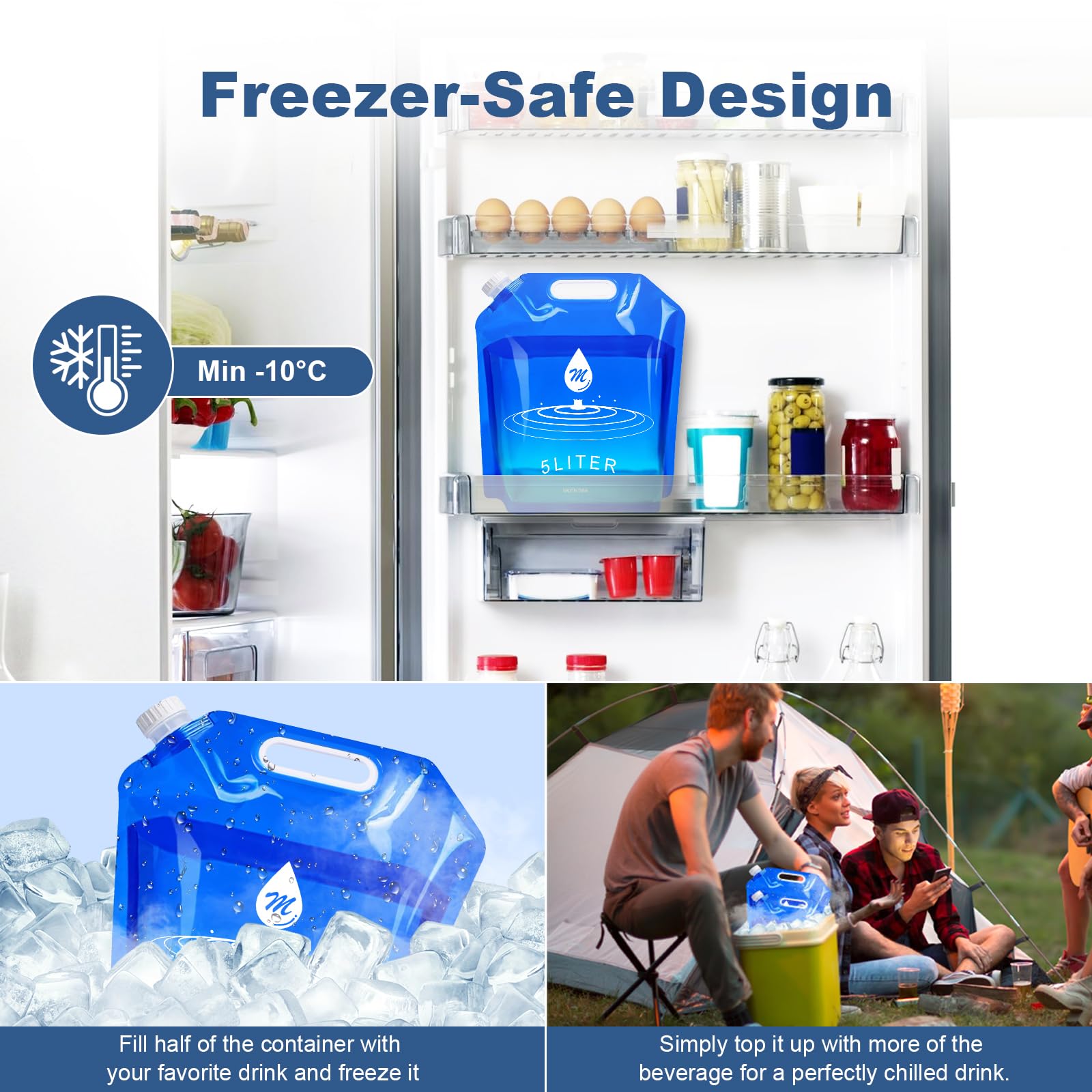 SOCATER Water Container Bags, 4 Packs BPA Free No-Leak Foldable Plastic 1.3 Gallon Water Container