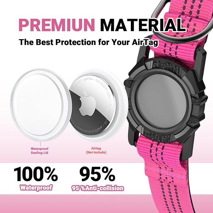 AirTag Dog Collar and Leash, IP68 Waterproof Integrated with Reflective, Ultra-Durable, Comfortable Padded, Heavy Duty Dog Collars for Small Medium Large Dogs, S (10.6"-13.6"), Pink