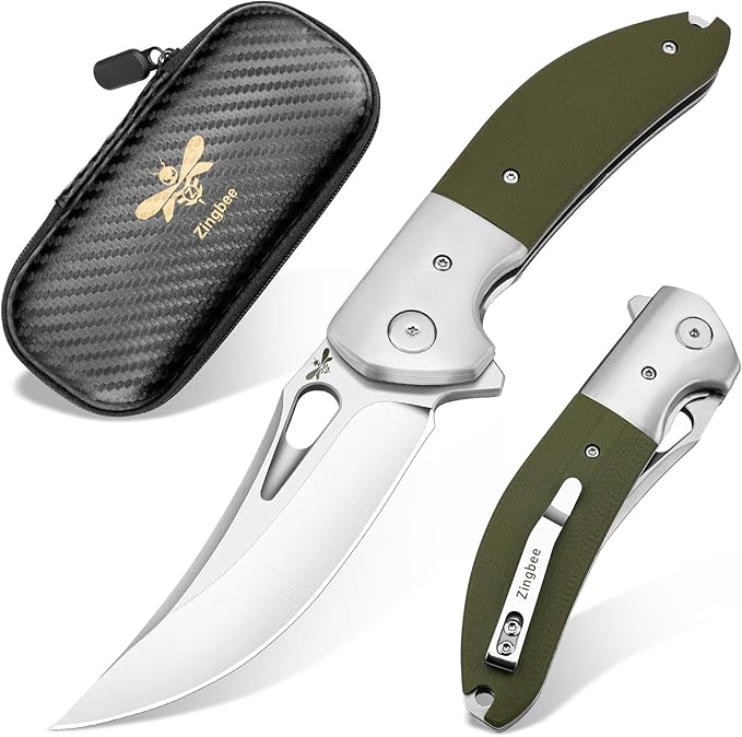 Pocket Knife with Clip, 3.7" 14C28N Blade EDC Folding Knife with Green G10 Handle, Outdoor Camping Folding Knives for Men Women