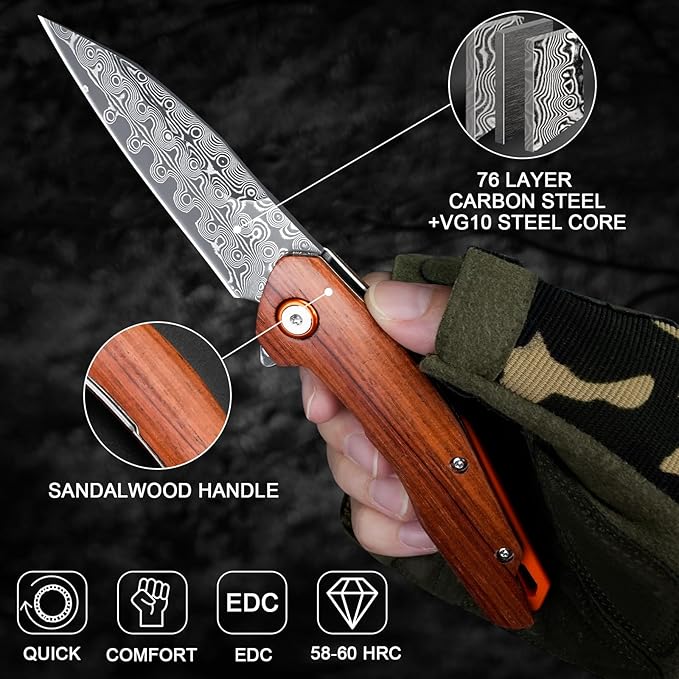 Damascus Pocket Knife for Men Women 3.03" Damascus Blade Folding Knife for EDC Outdoor Fishing Camping Hiking Wooden Handle Pocket Knives with Leather Sheath