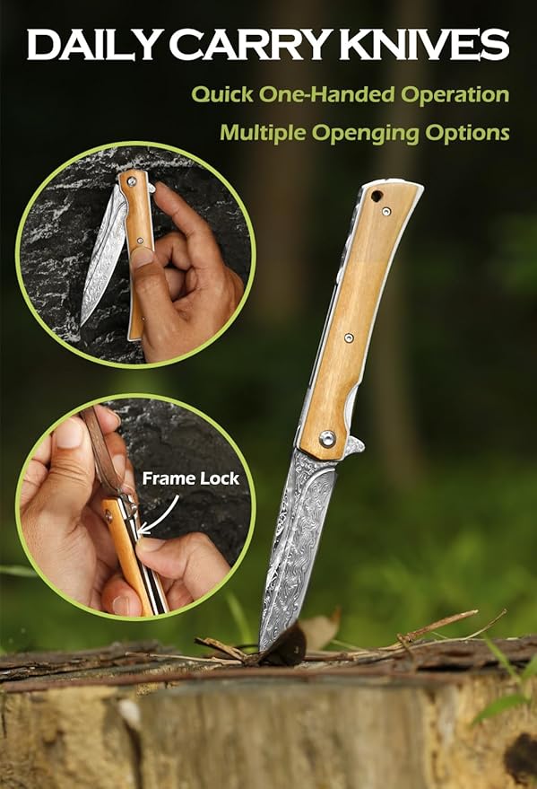 YOUSUNLONG Folding Knife Overall 215mm Camping Knife - Hammered Damascus Steel Blade - Natural Olive Wood Cover