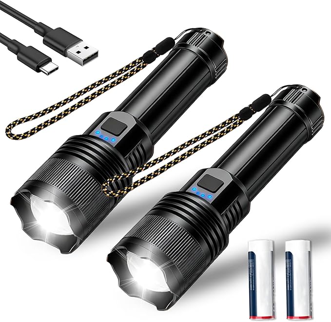 GDSAFS Gloryboom Flashlight, Rechargeable 1097 Flashlight Strong Light, Ultra Bright Long-Range Portable Ultra Long Endurance Lighting Flashlights for Outdoor Camping Hiking Emergencies (2pcs-Black)