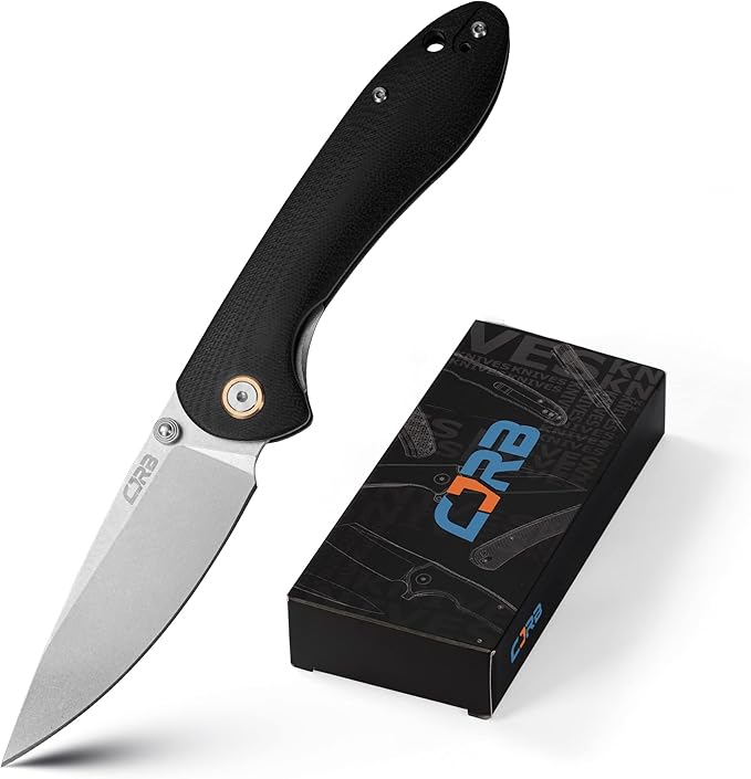 CJRB Feldspar Folding Knife - Stonewash D2 Steel Blade, G10 Tactical Handle, EDC Pocket Knife, Black Handle (J1912)