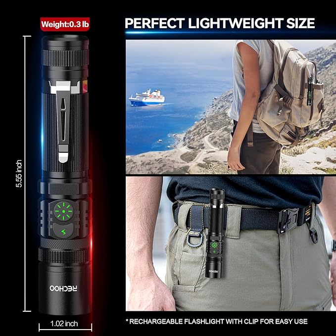 RECHOO Rechargeable Flashlights High Lumens, Double Switch S3000L LED Flashlight, Super Bright 5 Modes Zoomable Waterproof EDC Flashlights for Home, Emergncies, Camping(Battery Included)
