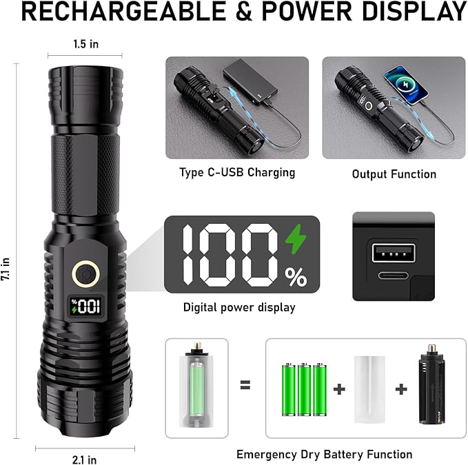 Flashlights High Lumens Rechargeable, LED Super Bright Flash Light Long Beam, Zoomable Linternas with LCD Digital Display, 5 Mode, Waterproof, Powerful Tactical Flashlight for Emergencies Camping Gift