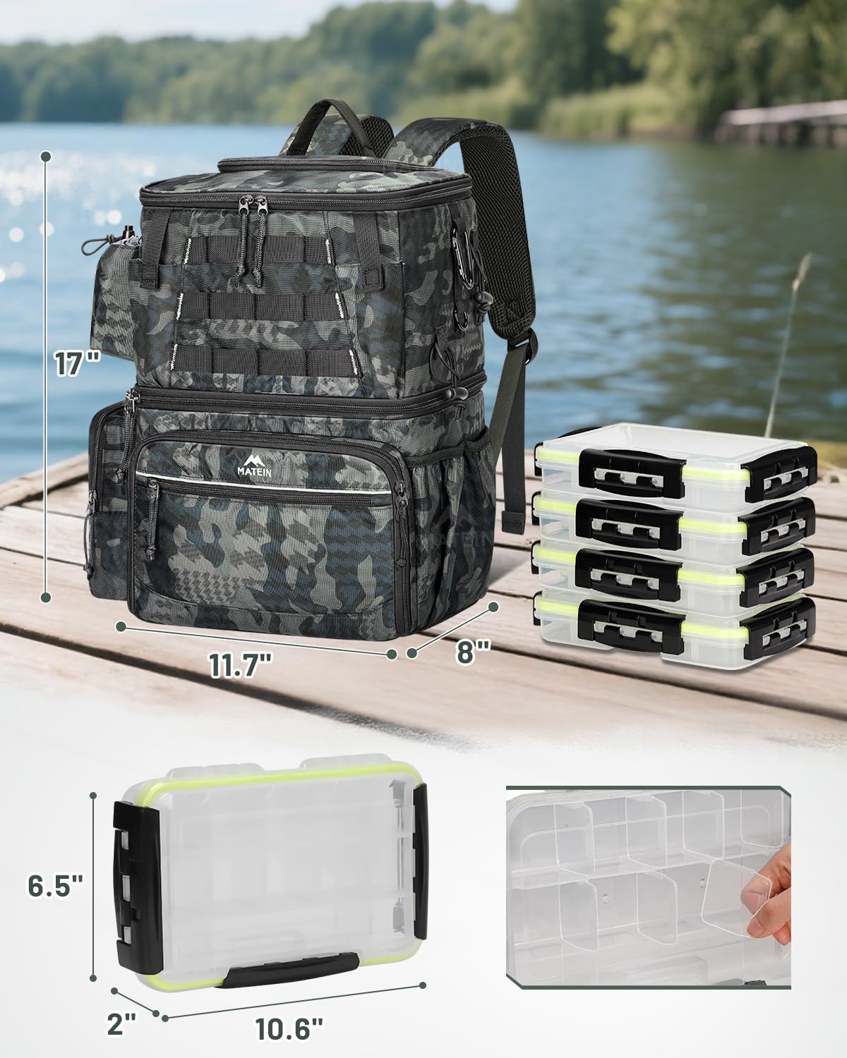 MATEIN Cooler Fishing Backpack with 4 Tackle Boxes, Fishing Bag Rod Holders