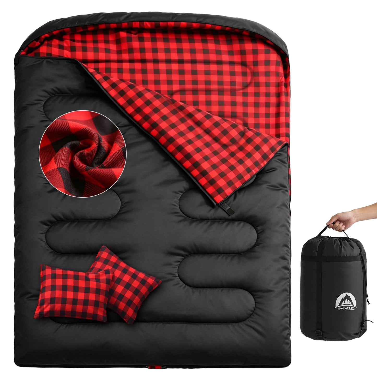 Swtmerry Flannel Double Sleeping Bag for Adults with 2 Pillows Cold Weather, Big & Tall Queen Size