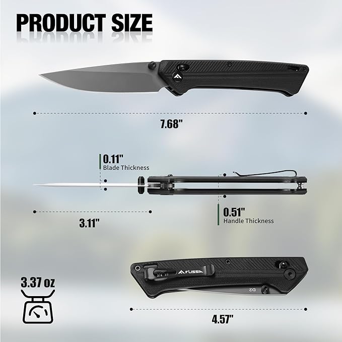 FLISSA Pocket Knife, Folding Knife with D2 Steel Blade, Shaft Lock, G10 Handle, Ball Bearing and Pocket Clip for EDC, Camping, Hiking, Fishing, Outdoor Activities