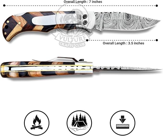 Damascus Pocket Knife for Men Handmade - 6.5 Inches Damascus Folding Knife with Sheath -Ideal for Him as an Anniversary Present - Best for EDC - Camping and Hiking - Pocket Knives with Back Lock