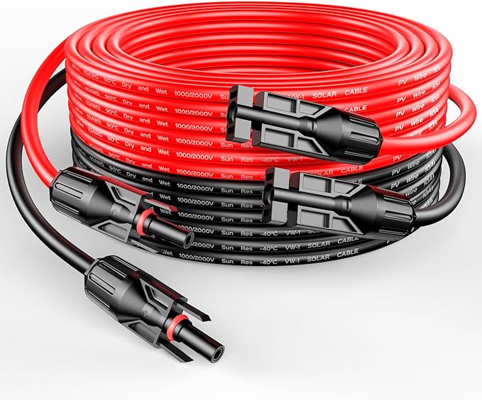 RICH SOLAR 10 Gauge 10AWG One Pair 30 Feet Red + 30 Feet Black Solar Panel Extension Cable Wire with Female and Male Connectors (30FT 10AWG)