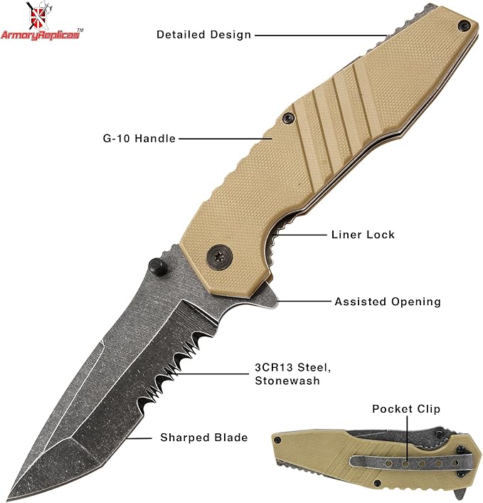 Armory Replicas??Spring Assisted Tanto Folding Knife ??3CR13 Steel Blade with Serration, G10 Handle, Liner Lock, Thumb Stud & Pocket Clip ??EDC Tactical Knife