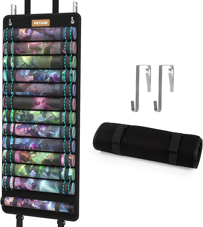 Playmat Tube Storage Bag,Hangable Playmat Holder for MTG with 2 Hooks,Securely Locks Game Mats,Fits 12+1 Card Game Mats with Clear Plastic Slots,TCG/MTG Game Mat Case(with Reinforced Elastic Strap)