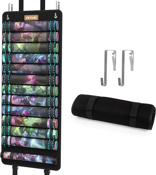 Playmat Tube Storage Bag,Hangable Playmat Holder for MTG with 2 Hooks,Securely Locks Game Mats,Fits 12+1 Card Game Mats with Clear Plastic Slots,TCG/MTG Game Mat Case(with Reinforced Elastic Strap)