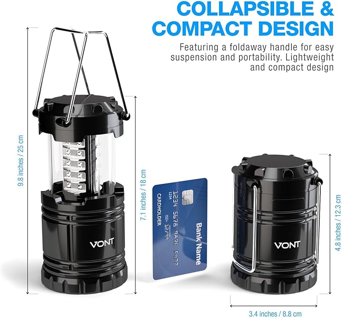 Vont LED Camping Lantern, LED Lanterns, Suitable Survival Kits for Hurricane, Emergency Light for Storm, Outages, Outdoor Portable Lanterns, Black, Collapsible, (Batteries Included)