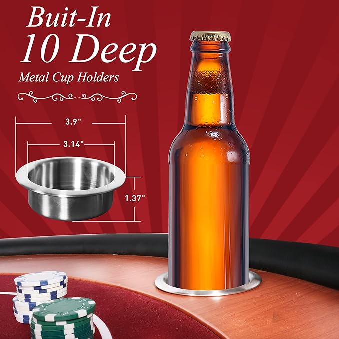 10 Players Oval Poker Table with Padded Rails, Folding Casino-Style Texas Wood Grain Game Poker Tables with Cup Holder, Red Felt Surface, Fully Assemble