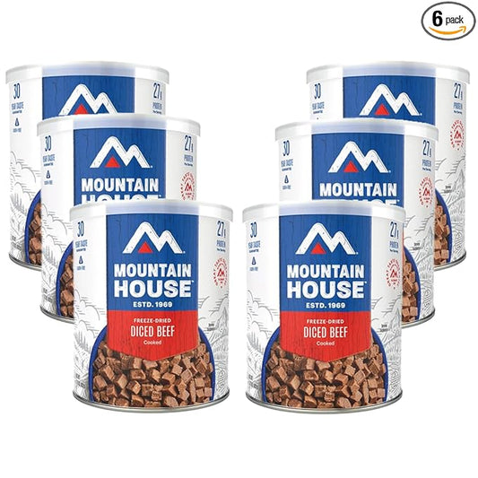 Mountain House Freeze-Dried Diced Beef #10 Can ??Gluten-Free, Dairy-Free ??15 Servings per Can ??30-Year Taste Guarantee ??Emergency, Survival, Camping & Backpacking Food ??Long-Term Storage ??Pack of 6
