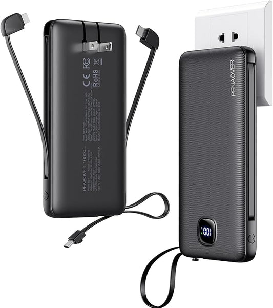 Portable Charger with Built-in Cables&AC Wall Plug,Slim 10000mAh 22.5W Fast Charging Power Bank,5 Output 2 Input USB-C External Battery Pack Compatible with iPhones,Samsung,Android, etc