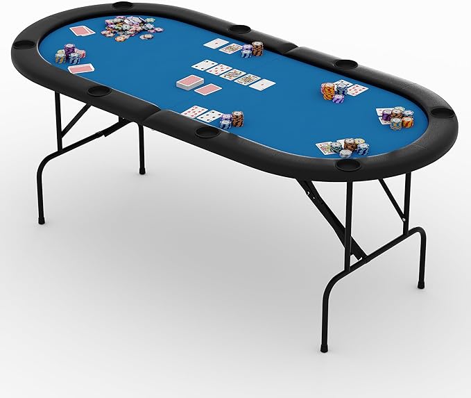 8 Player Foldable Poker Table, 71" Portable Folding Poker Game Tables with Collapsible Legs, Cup Holders, Casino Grade Felt Surface, Oval Card Game Poker Table for Game Room, Blue